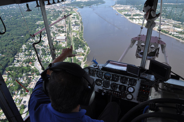 blimp pilot looks out over Mississippi River